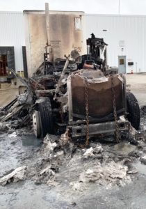 semi truck cab completely burned beyond recognition